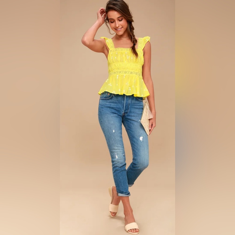 Free People | Beautiful Fleurs Embroidered Yellow Lace Top